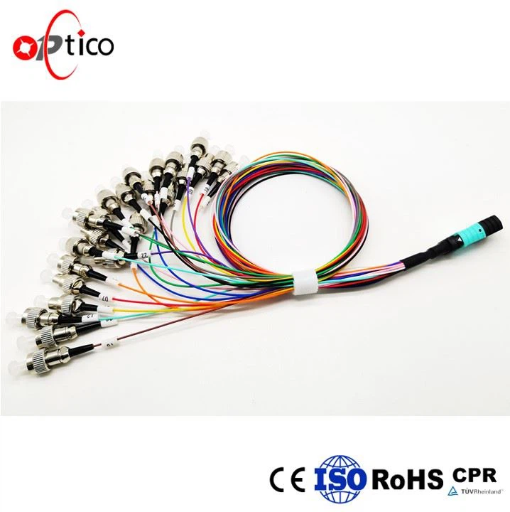 High Quality 12f MPO to LC Om3 Aqua 0.3m Fan-out Multimode Fiber Optic Patch Cord